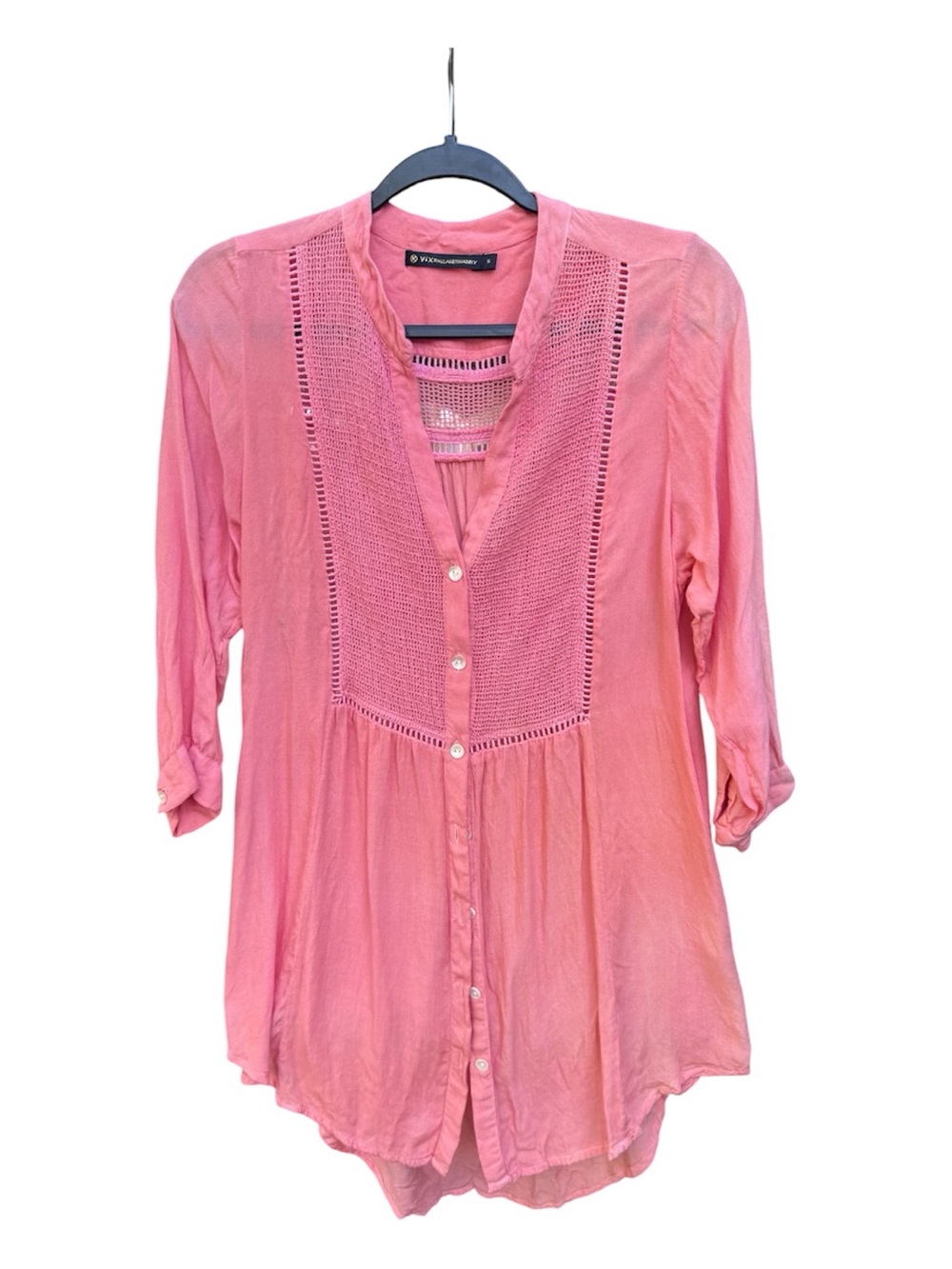 Vix Paula Hermanny Coral-Pink Crochet Yoke Button-Front Tunic Top